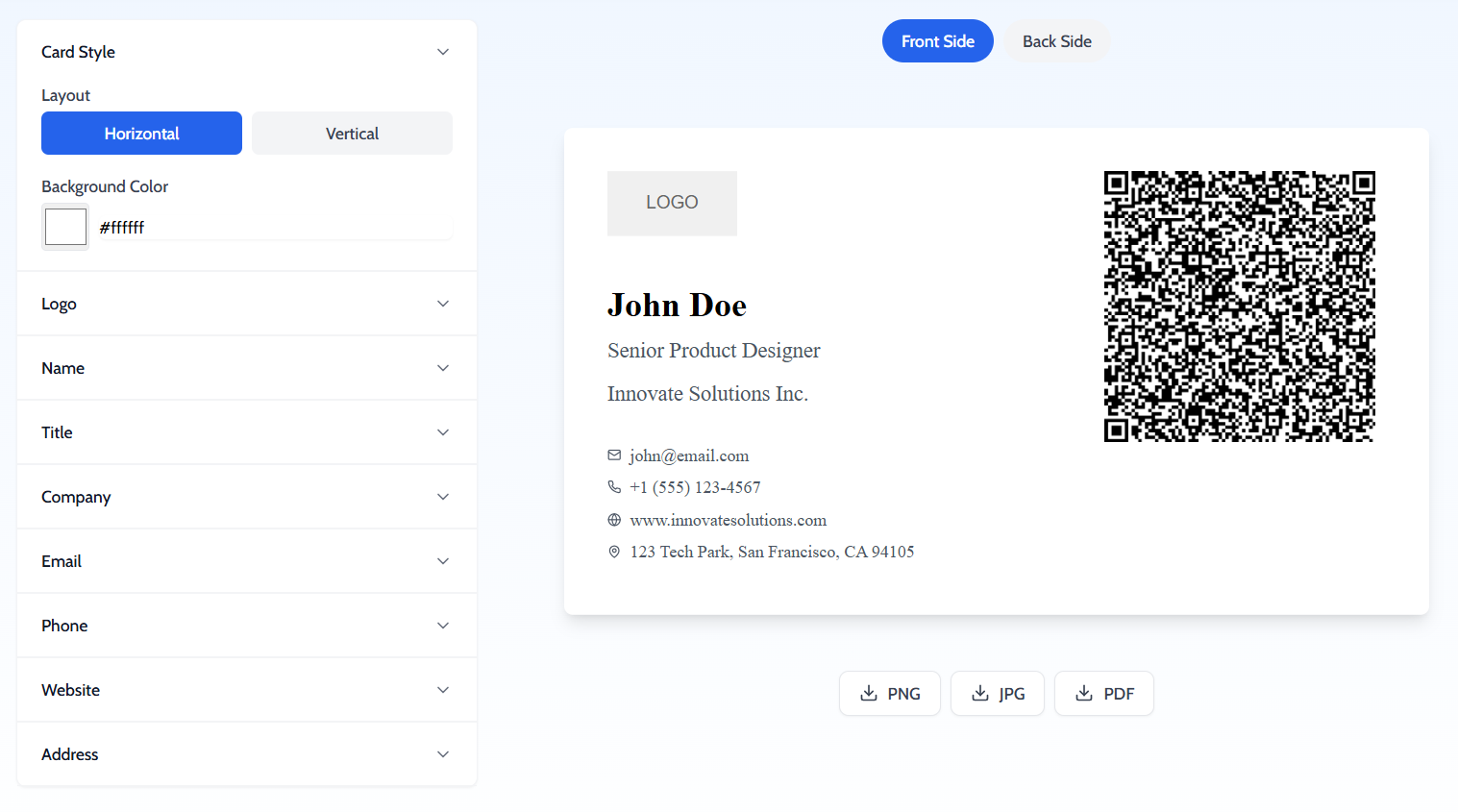 QR Business Card Creator Interface